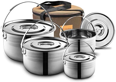 Juego de utensilios de cocina para camping, ollas y sartenes compactas de acero inoxidable para fogatas, kit combinado con bolsa de viaje, juego de cocina resistente de 4 piezas para exteriores,