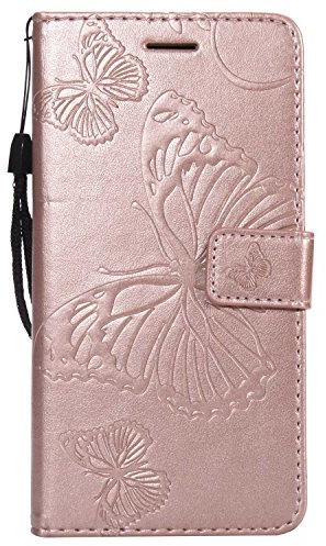DENDICO Coque pour Galaxy J5 2017, Papillon Imprimé PU en Cuir Coque Magnétique Portefeuille TPU Étui Housse pour Samsung Galaxy J5 2017 - Or Rose