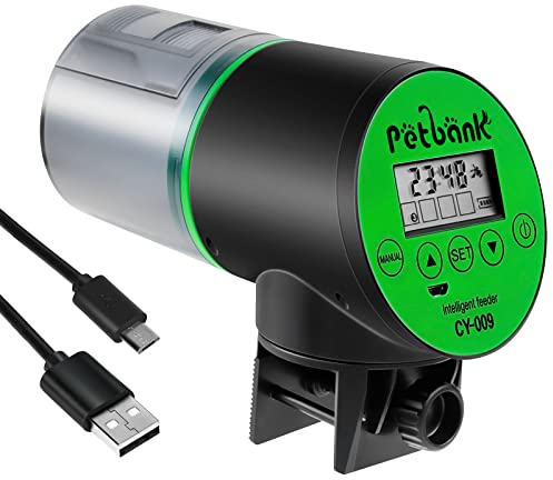 Petbank Automatic Fish Feeder - Rechargeable Timer Auto Fish Food Dispenser with Display Screen & USB Charger Cable for Vacation or Holiday
