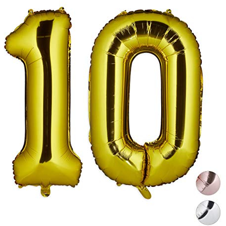 Relaxdays Folienballon Zahl 10, Riesenballon zum Geburtstag, Dekoballon, Zahlenballon für Luft & Helium, 85-100 cm, Gold