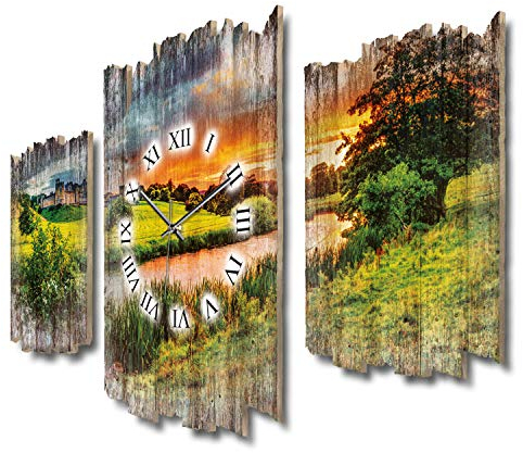 Kreative Feder Dreiteilige Designer-Wanduhr Abends am Fluss Shabby-Chic Landhaus-Stil leise Funkuhr ohne Ticken 95x60cm aus Holz (Abends am Fluss, leises Funkuhrwerk)