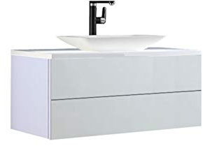 StoneArt Badmöbel Set mit Mineralguss Waschbecken Waschschale Aufsatzwaschbecken und Unterschrank Waschtisch Einzel- oder Doppelwaschbecken Brugge BU-1001pro-1 weiß 100cm