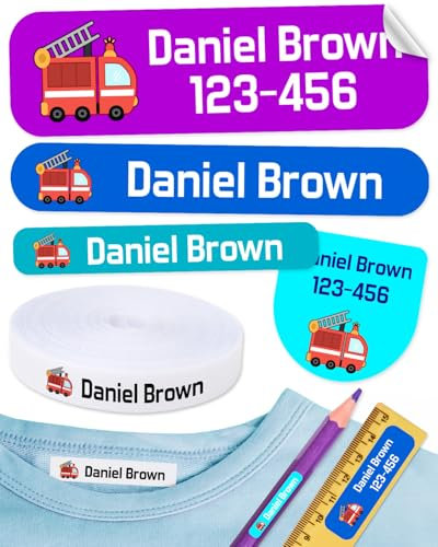 Pacchetto di 155 etichette blu e viola personalizzate per contrassegnare abiti e oggetti. 100 Etichette di tessuto termoadesivo + 55 Etichette adesive in vinile.