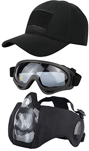 Hodeacc Taktische Maske, Baseballkappen-Set, Verstellbare Halbgesichtsmaske Mit Ohrenschutz, Airsoft-Brille, Augenschutz, Outdoor-Hut für BB/CS-Spiele, 3 Stück