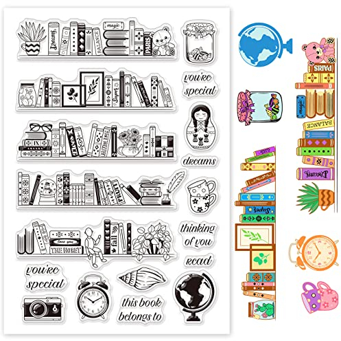 GLOBLELAND Bücher Klare Stempel Vintage Bücherei TPR Stempel Transparente TPR-Stempel und Acryl-Stempelblock für die Kartenherstellung, Tagebuch Dekoration und DIY Scrapbooking