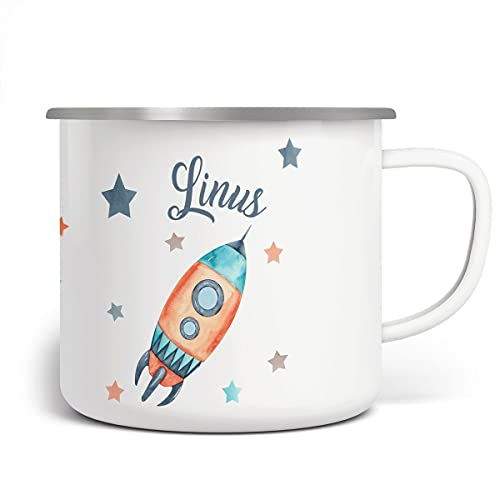 miKalino Emaille Tasse Jungs - Trinkbecher Kinder personalisiert - Emaille Becher mit Raketen-Motiv - Kindertasse mit Namen - Kindertasse bedruckt - Emaille Becher Weiß