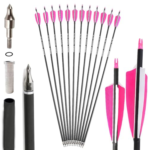 SHARROW 32 Zoll Carbon Pfeile für Bogenschießen Spine 500 Kohlenstoffpfeil Jagd Bogen Pfeile Jagdpfeile mit 4 Zoll Natürliche Federn für Pfeil Und Bogen Recurvebogen Compoundbogen (Rosa1, 12P)
