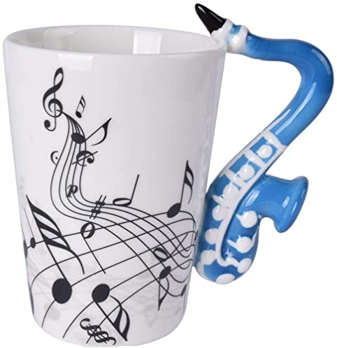 eKsdf Keramiktasse Musik Motiv Kaffeebecher mit Saxophon Henkel Lustige Teetasse Porzellan Tasse Keramik Kaffee Becher Geschenk für Freunde Kollegen (Blau)