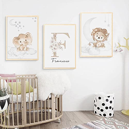 Youihom 3 Poster Personalisiert Junge Name Bilder Namen Löwe Elefant Beige Braun Mond Wolken Sterne 30x40 Leinwand Schlafzimmer Wanddekoration Kinder Baby Geschenk ohne Rahmen