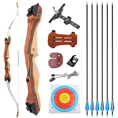HNZMDY Bogenschießen Recurve Bogen und Pfeil Set für Erwachsene & Jugendliche Anfänger 48 54 Holz Takedown Recurve Bogen 68 Rechtshänder für Outdoor Training 10-34lbs (20lbs, 48zoll)