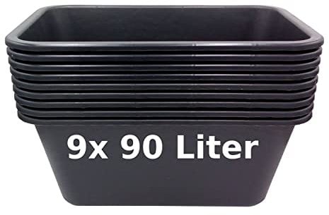BURI Lot de 9 bacs à mortier rectangulaires de 90 l - Noir - Seau de chantier, bac à mortier - Bac à plantes fabriqué en Allemagne - Extrêmement robuste et résistant