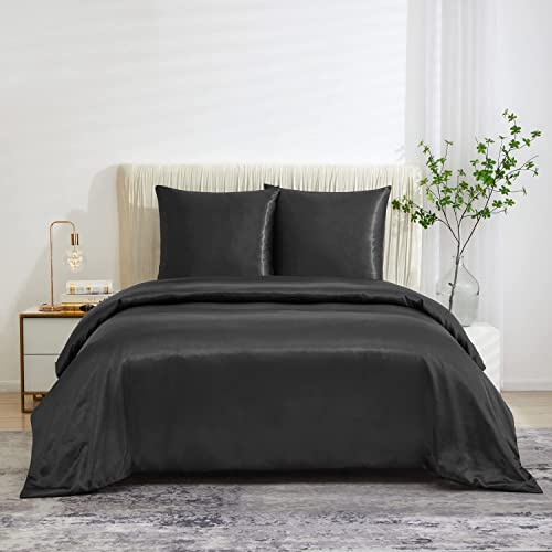 Luowei Satin Bettwäsche 135x200 2teilig Schwarz Einfarbig Uni Glatt Glanzsatin Bettwäsche Set Bettbezug und Kissenbezug 80x80 mit Reißverschluss