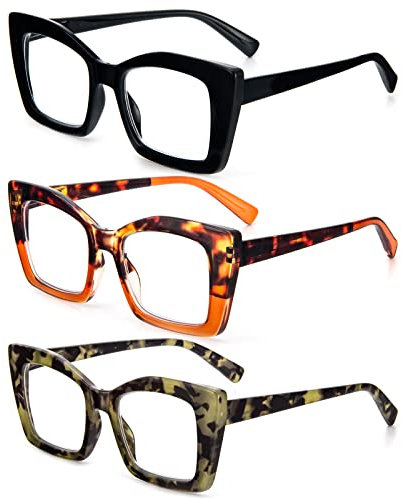 MMOWW 3 Pack Oversized Reading Glasses for Women Square Frame Fashion Style Blue Light Blocking Readers +2.0