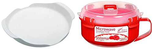 KitchenCraft Microwave Tray with contoured Handles, Non-Slip feet, Ideal for Food containers & Sistema Microwave Breakfast Bowl | Round Microwave Container with Lid & Steam Release Vent