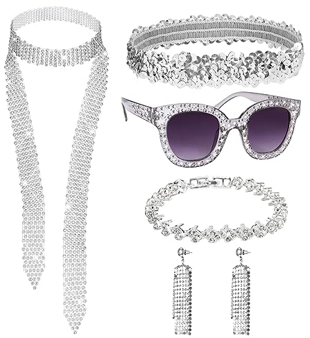 LOPOTIN 6TLG Disco Outfit Damen Accessoires 80er jahre Accessoires Abba Kostüm Damen 70er Jahre Bekleidung Hippie Accessoires Haarband Sonnenbrille für 1980s 1970s 60er Halloween Karneval Fasching