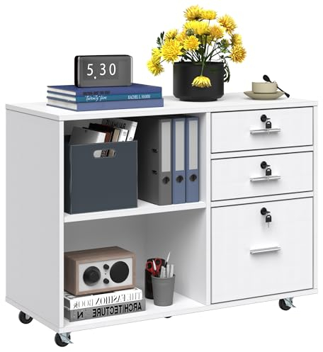 YITAHOME Rollcontainer aus Holz, Mobile Aktenschrank Abschließbar, Büroschrank mit 3 Schubladen und 2 offenen Fächern im Modernen Stil,für Dokumente, Holz Seitenschrank für Home Office (Weiß)