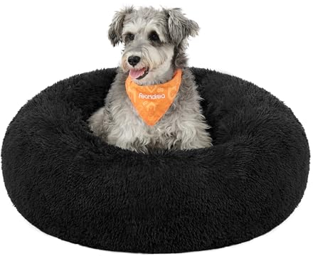 Feandrea Hundebett flauschig, Katzenbett, Donut Kissen, waschbar, Polsterung in der Mitte herausnehmbar, Langer Plüsch, 70 cm Durchmesser, tintenschwarz PGW039B01
