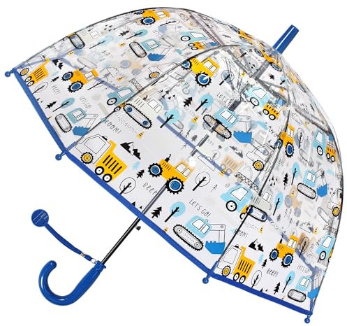 Kinder Regenschirm mit Kuppeldach - Leichtes Niedliches Lustiges Design, Wind- und Regenschutzschirm, Stockschirm in Glockenform Transparent - Geschenke für Kinder (Blue Digger)
