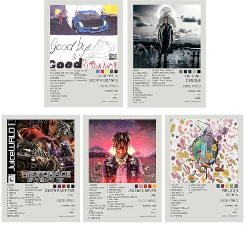 LKNBIF 5 Stück Juice Wrld Poster, Juice Wrld Aesthetic Posters, Sänger Album Cover Poster Music Poster Album Cover Inspired Wall Collage Kit für Teenager und Mädchen Wohnheim Dekoration