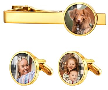 Custom4U Personalisierte Herren Krawattenklammer&Manschettenknöpfe Set mit Fotogravur 18K Vergoldet Krawattennadel 2x Cufflinks für Männer Jungen Anzug Hemd Zubehör