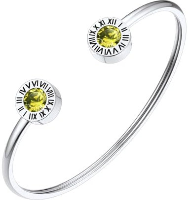 FindChic Stein Armreif Damen Edlestahl Römische Ziffer Armbänder Geburtsstein Peridot Armkette Offen Armschmuck für Muttertag Valentinstag Geburtstag Weihnachten