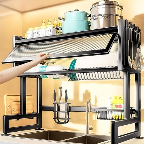 Escurridor de platos grande de 3 niveles con soporte de metal de acero para tazas, estante expandible con soporte para utensilios (tamaño: 65 cm)