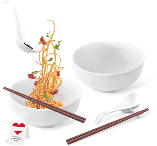 Ramen Schüssel aus Porzellan Warm Weiß mit Löffel und Essstäbchen 20cm 1000-1200 ml Ramen Bowl Set Asiatisches Geschirr Set Suppenschalen Porzellan Bowl Schüssel Müslischalen Salatschüssel