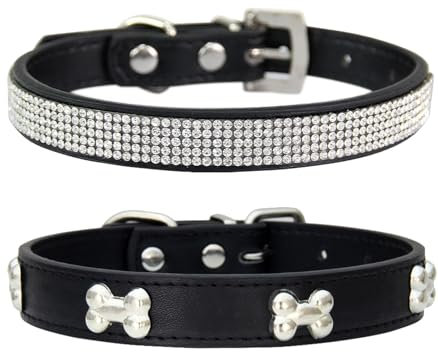 Suiecuor 2 teiliges lederhalsband Hund, hundehalsband Strass welpenhalsband mit Metallknochen Dekoration geeignet für kleine mittelgroße Hunde und Katzen Schwarz S