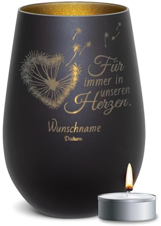 PR Print Royal Trauer Windlicht mit Gravur - Für Immer in unseren Herzen - mit Name & Datum gravieren - Trauergeschenk, Gedenklicht, Geschenke für Trauernde | inkl. Teelicht, 450 ml, Schwarz/Gold