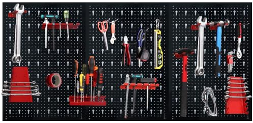 FIVMEN Werkzeugwand 120 x 60 x 2 cm Metall Lochwand mit 17 teilge Hakenset Dreiteilig Werkzeuglochwand Werkzeughalter für Werkstatt