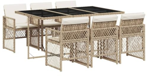vidaXL Garten Essgruppe 7-TLG., Gartenmöbel Set mit Kissen, Gartengarnitur Tisch 6 Stühle, Sitzgruppe für Garten Terrasse, Beige Poly Rattan