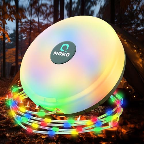 MoKo Camping Lichterkette Aufrollbar, 3-in-1 Tragbare Wiederaufladbare LED Lichterkette mit 8 Beleuchtungsmodi, Wasserdichte Campinglampe Taschenlampe für Zelt Camping Hof Dekoration (10M), Mehrfarbig