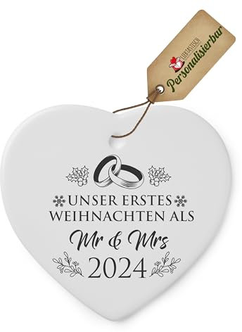 Personalisierbare Keramik-Weihnachtsornamente – Unserer Erstes Weihnachten als Mr & Mrs - Weihnachtsbaum-Deko für Ihren Weihnachtsbaum – Personalisierte Weihnachtsanhänger (Herz)