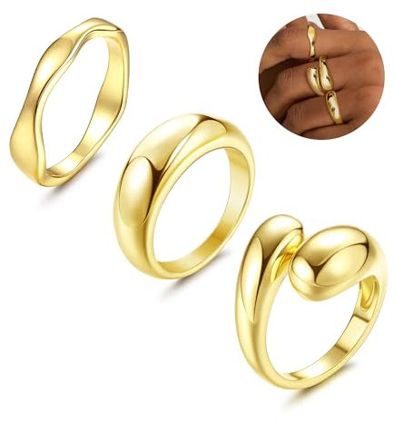 Dochais 3 Stück Gold Ring Damen, 14 Karat Vergoldete Ringe Set, Chunky Rings,Gold Verstellbare Ringe, Fingerring Einfacher Bandring Stapelbare Offene Golden Ring für Frauen Mädchen Größe 57