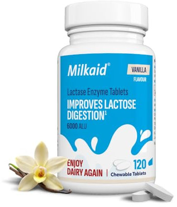 Milkaid Vanilla Lactase Enzyme Chewable Tablets for Lactose Intolerance Relief | Prevents Gas, Bloating & Diarrhoea | Fast Acting Dairy Digestive Supplement | Gluten Free & Vegan | 120 Tablets
