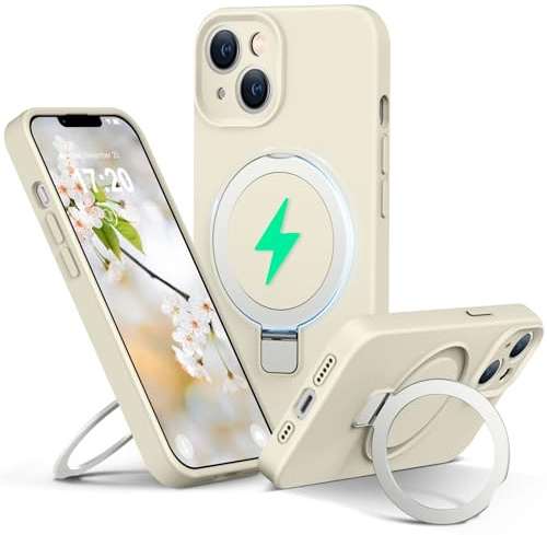 PuyaTeya Liquid Silicone Case for iPhone 14 with Magnetic Ring Stand, Upgraded camera lens protection, Mil-Grade Drop Shockproof, Anti-Scratch Microfiber Lining Silicone Case(Beige)