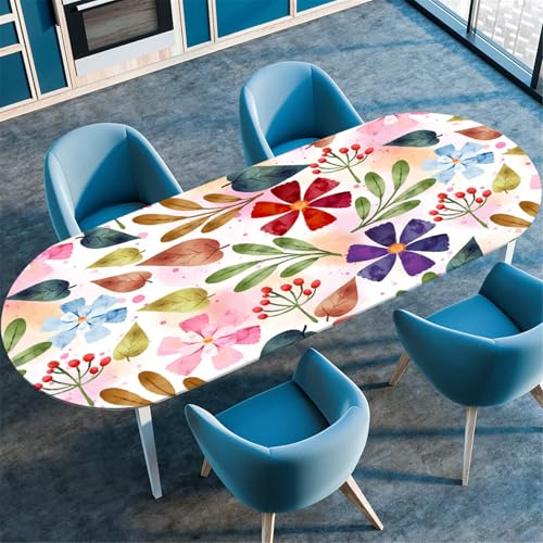 Odot Waschbare Elastische Runde Tischdecke Oval Abwaschbar Spanntischdecke Oval Gartentischdecke Outdoor Oval Tischdecke mit Gummizug, 3D Moderne Blumen (132x178cm,Blumen)