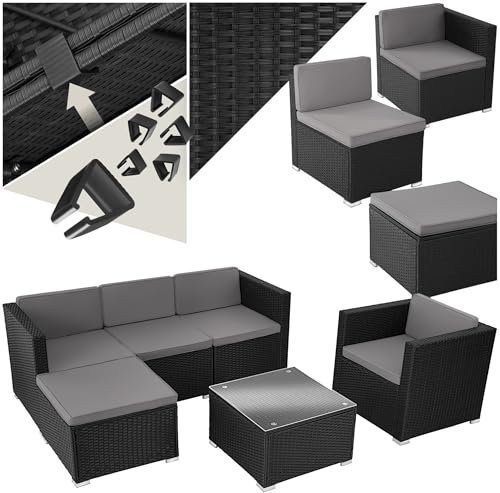 tectake® Poly Rattan Lounge, Outdoor Gartenmöbel Set mit Sofa, Sessel, Hocker und Tisch, variabel kombinierbar, Möbel wetterfest für 4-5 Personen, Balkonmöbel, Gartenlounge, Terrassenmöbel - schwarz