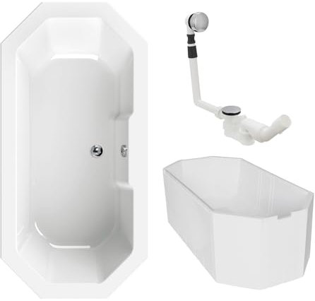Calmwaters® Achteck Badewanne Komplettset 180 x 90 cm mit Wannenträger & Ablaufgarnitur, Acrylwanne Exclusive, Duowanne für Zwei, Set Badewannen-Set komplett 180x90, 8-Eck-Wanne Weiß, 99000164