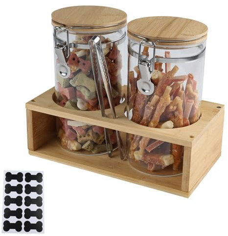 Geyecete dog treat container dog treat jar Wood Dog Food Storage Holder with 2 Jars Airtight glass Dog Treat Storage With Lids airtight dog treat holder