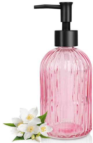 Topsky Glass Soap Dispenser with Black Rustproof Plastic Pump, 400ml Pink | Refillable Liquid Hand Soap Dispenser for Kitchen & Bathroom, Great for Lotions, Essential Oil, Liquid Soaps, Shampoo