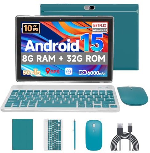 Android 15 Tablet, 10 Zoll Tablets, 18 GB RAM + 128 GB ROM/2 TB erweiterbar, 2-in-1-Tablets mit Tastaturhülle, 1280 x 800 HD IPS-Display, Wi-Fi6, Dual-Kamera, 6000 mAh Akku BT5 Widevine L1 (Grün)