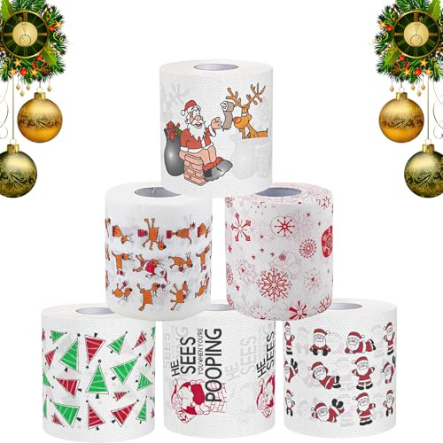 6 Rollen Weihnachts Toilettenpapier,Lustige Weihnachten Toilettenpapier Duft,Lustige Neuheit Toilettenpapierrollen Motiv,Lustiges Geschenk für Christmas,Weihnachtsbedarf Fröhlich Festlich Blumenpapier