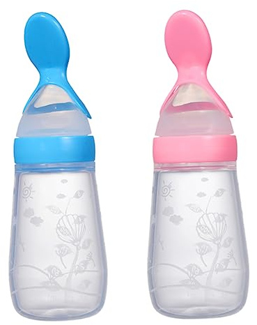FUNOMOCYA 2pcs Silicone Squeeze Feeders Food Bottles with Soft Rice Paste Spoon for Weaning Teething Boy Girl Food Grade Safe Feeding Containers Portable and Easy to Clean