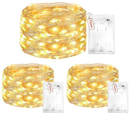 Peasur 3 Stück Lichterkette Batterie, 3M 30 LED Lichterkettenbatterie 2 Programm mit Timer, Warmweiß Klein Draht Lichterketten Batterien Innen für Weihnachten Party Hochzeit Geschenke Deko
