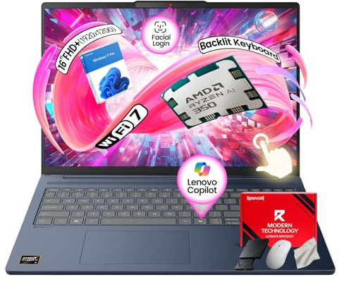 Lenovo IdeaPad Copilot+ Business Laptop - 16 FHD+ Touchscreen - AMD Ryzen AI 7 350(Beat Core 7 150U) - 50 TOPS NPU - Facial Login IR Cam - Backlit KB -Win 11 Pro-Redragon Bundle (32GB DDR5 | 1TB SSD)