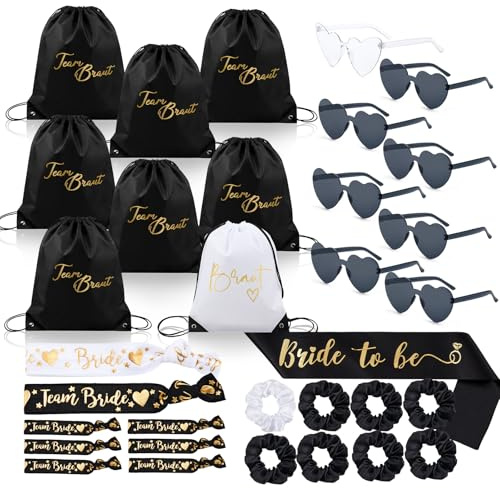 BBTO 33 JGA Accessoires Frauen Set, Bride to Be Team Braut, Weiß, Schwarz | Mit 8 Turnbeutel, 8 Herzbrillen, 8 Armbändern, 8 Scrunchies, 1 Brautschärpe, Bachelorette Hochzeit