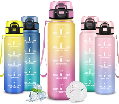 Mujigaga Trinkflasche 1l, Trinkflasche Sport, Auslaufsicher, Wasserflasche mit Zeitmarkierung, Wasserflasche mit Motivierendem Slogan, Water Bottle für Klettern, Schwimmen, Yoga, Wandern, Triathlon