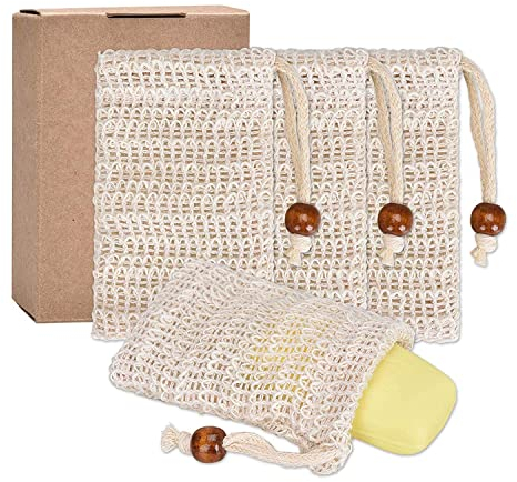 4X Seifensäckchen, 100% Natürliches Sisal Seifenbeutel Bio Nachhaltige Seifenreste Plastikfreie Seifennetz für Körper-Peeling