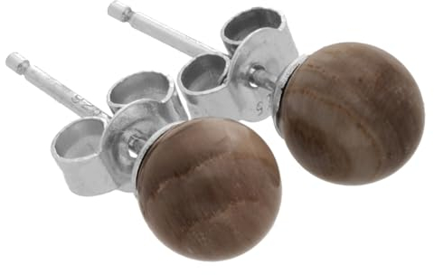 Edelstein Ohrstecker in 925er Silber | Kugel/Perle 6 mm Durchmesser | Ohrringe mit Verschluss (Versteinertes Holz)